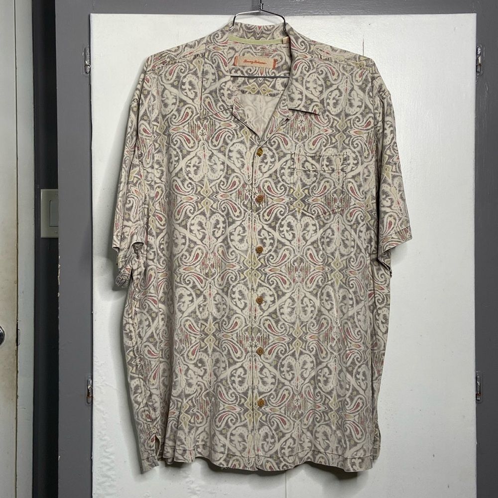 tommy bahama men 100% silk short sleeve button up shirt 2xl geometric gray